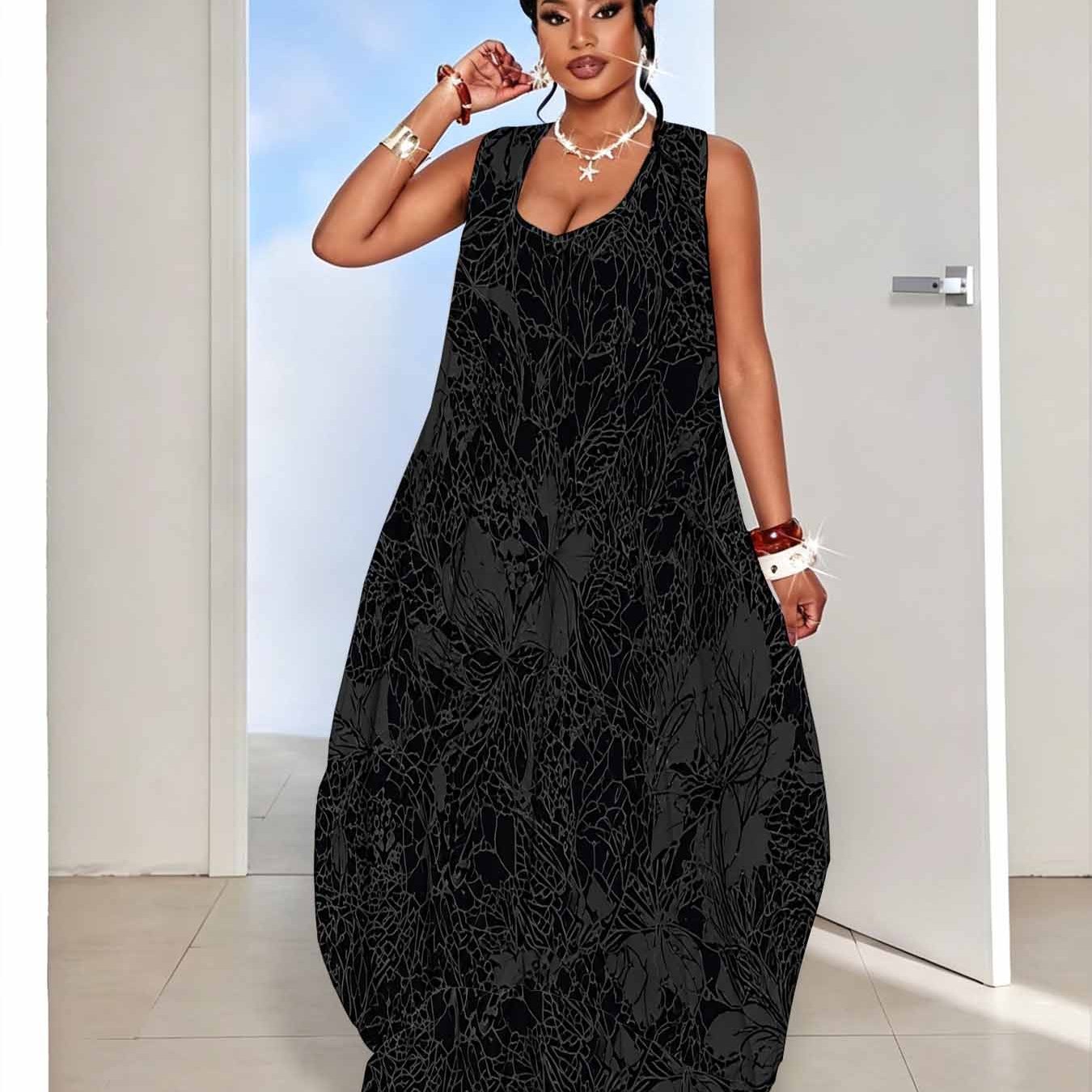 Image of Plus Size Black Lace Print Dress, Women's Sleeveless Off-shoulder Loose Long Dress With Hem, Loose Fit, Dark, Elegant Gothic Vintage Style Dress, Perfect Comfortable Breathable Chic