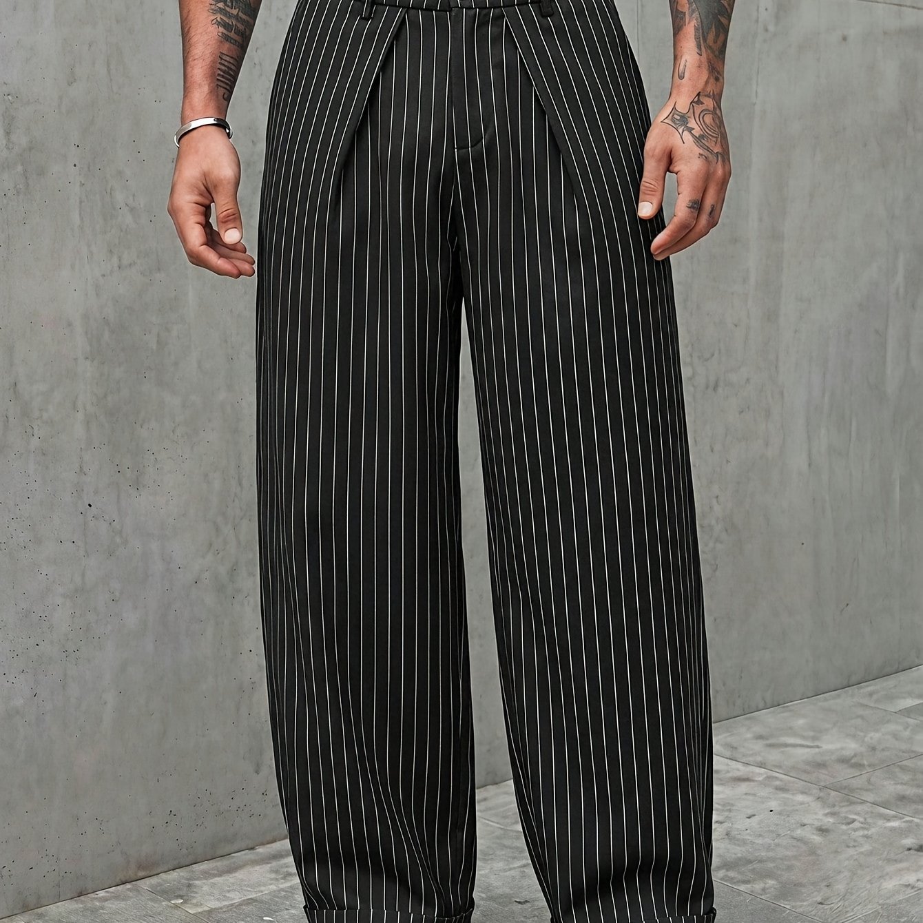 TEMU Men's Vintage Black And White Striped High-waist Pleated Wide-leg Suit Pants, Elastic Waistband Loose Fit Formal Business Trousers, Suitable For