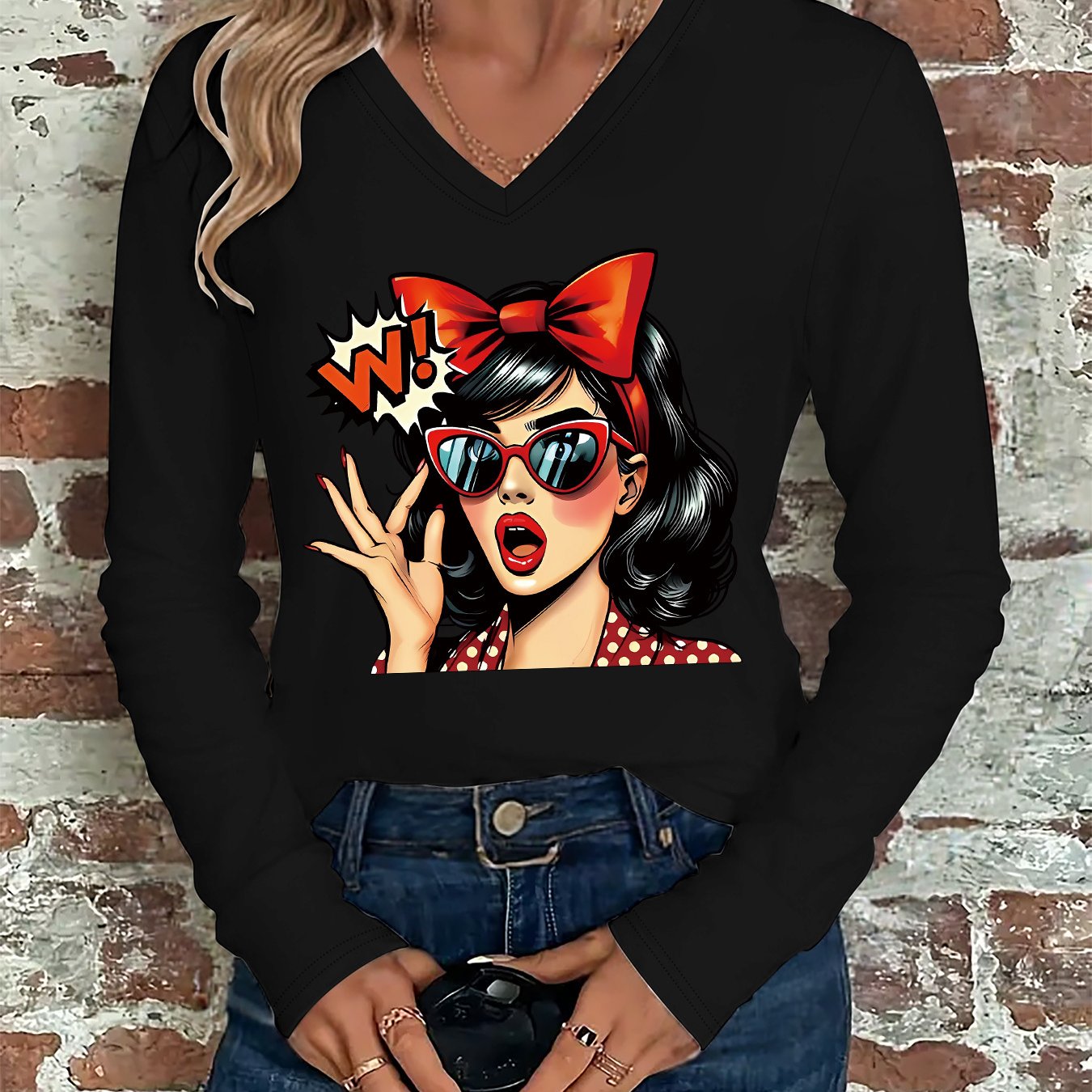 TEMU T-shirt à manches longues pour femmes 5.6, T-shirt imprimé à col en V, Haut décontracté à manches longues pour femmes en automne et en hiver