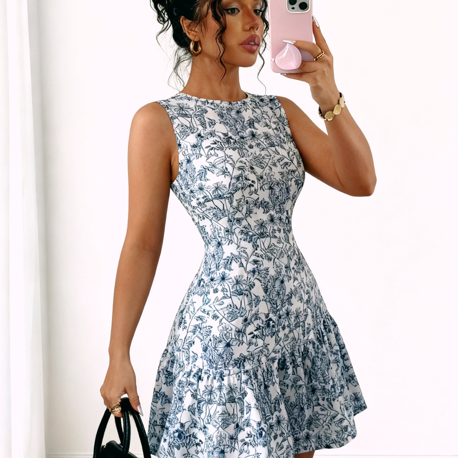 TEMU Retro Floral Dress For Women - Elegant A-line Flared Skirt, Non-stretchy Fabric That Fits Perfectly, Perfect For European-style Vacation Party/