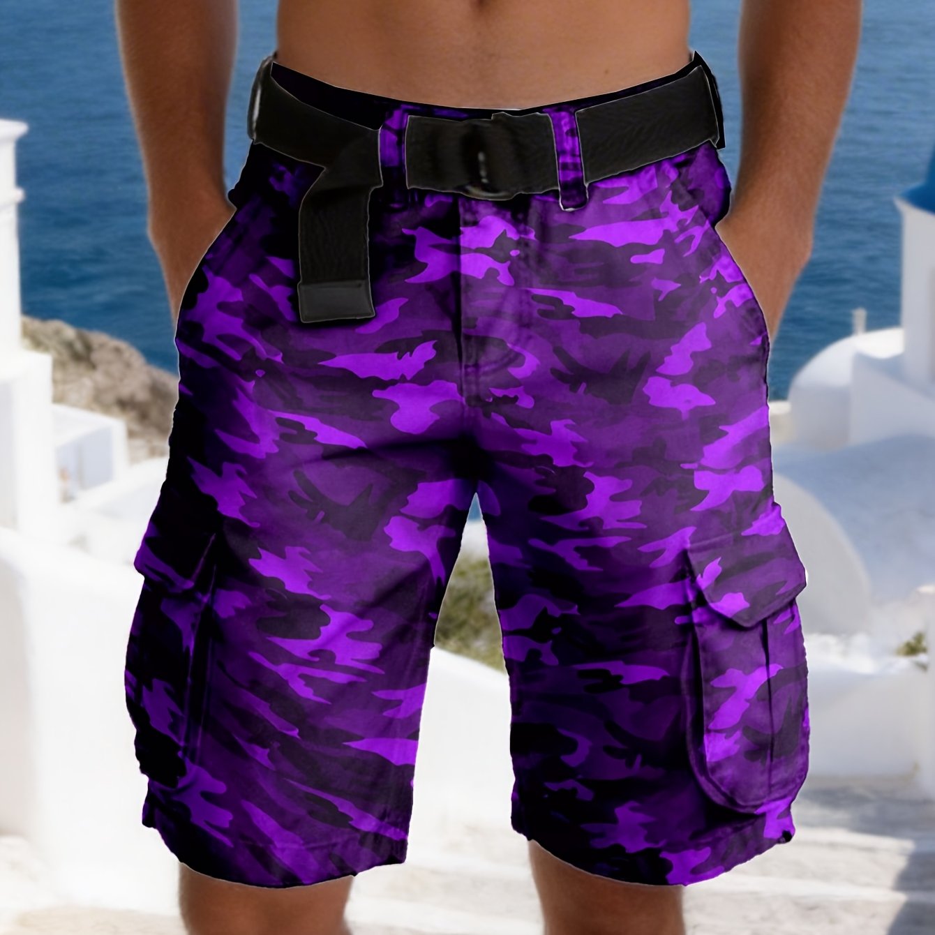 Purple Camo Men's Plus Size Cargo Shorts, Fabric, , Shorts Only, Plus Size