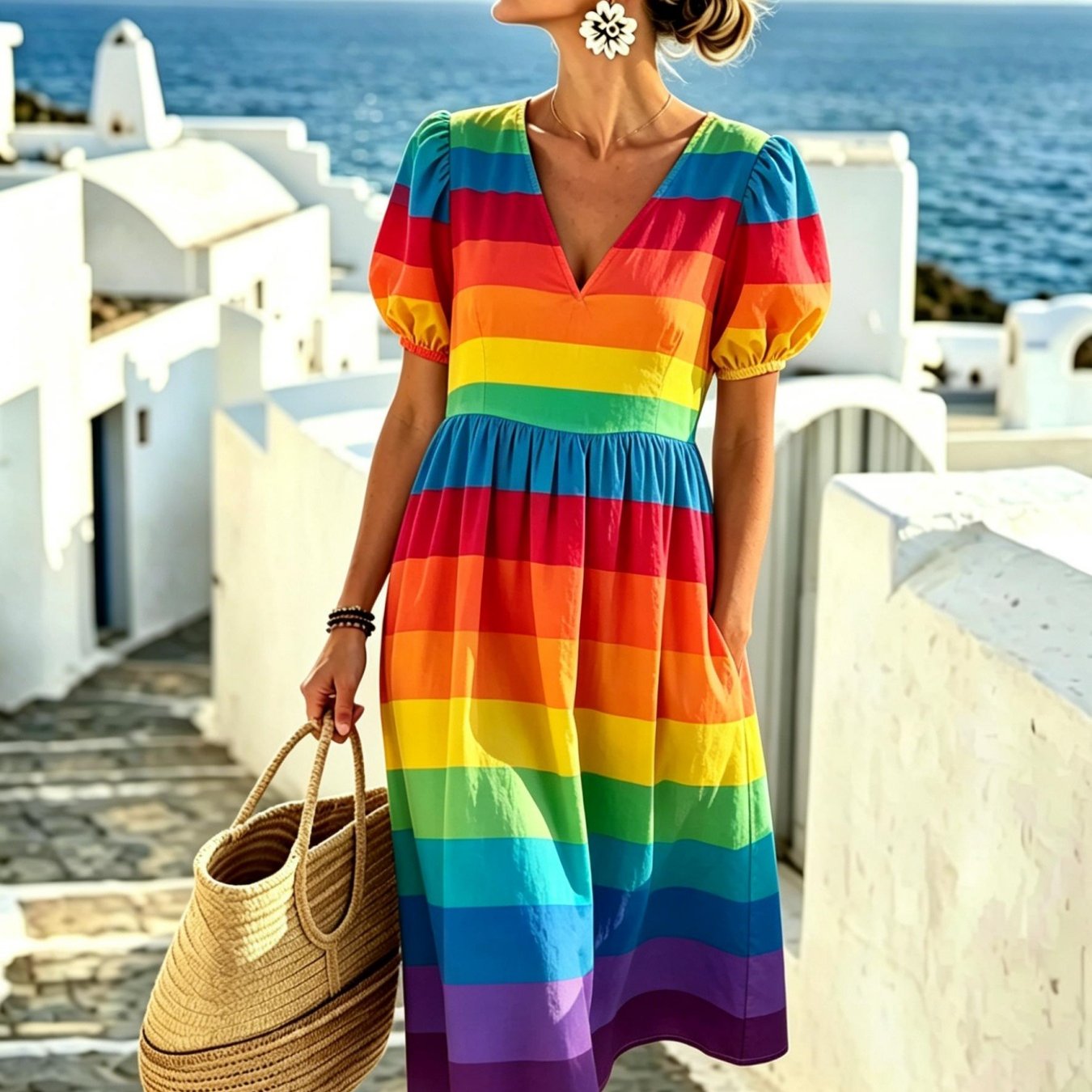 Image of Women's Summer V-neck Dress Stripes Pattern Puff Short Sleeves Elegant, Exquisite Fashionable Machine Washable With Pockets Suitable For Daily Wear Party Gatherings Perfect Gift
