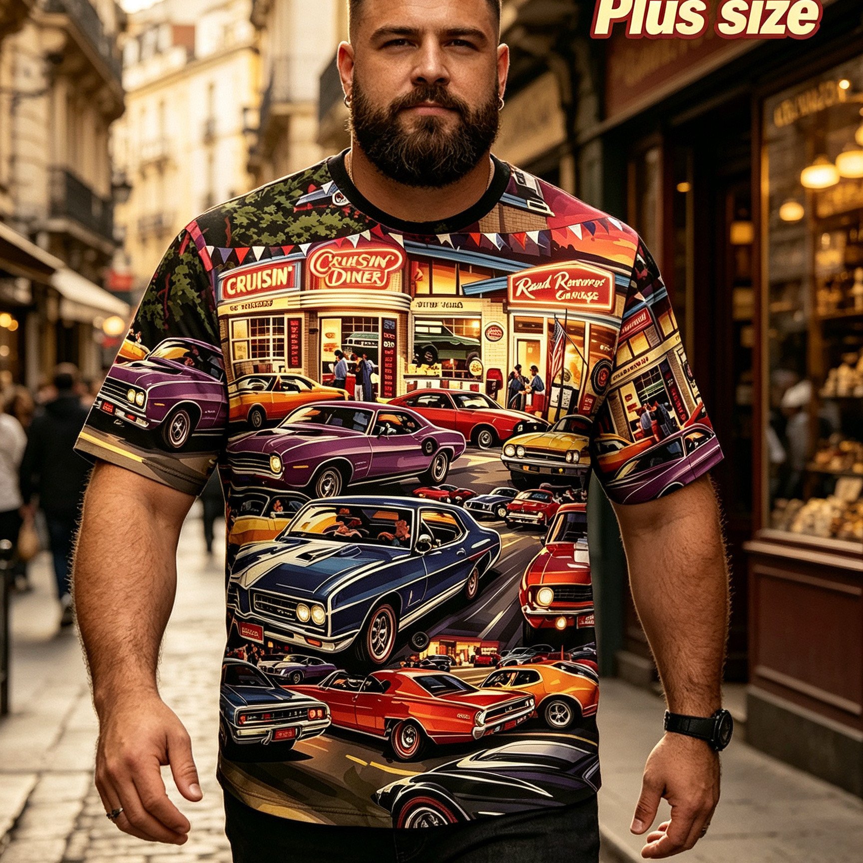 TEMU Plus Size Men's Short Sleeve T-shirt, Sizes 2xl-9xl, Classic Vintage Car Pattern, Loose Round Neck Top, Stretch Breathable Polyester Fabric