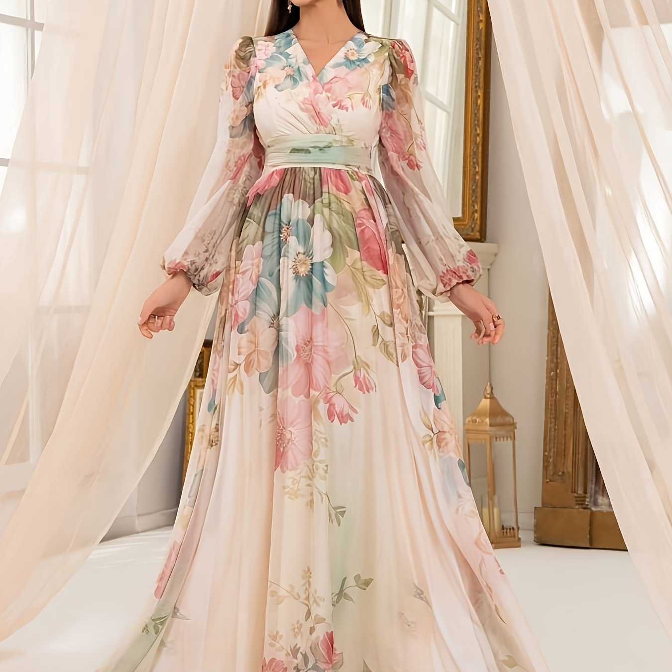TEMU Women's Cross V-neck Trendy Lantern Sleeve Floral Print Elegant Dress With Waist Cinched Flared Long A-line Skirt
