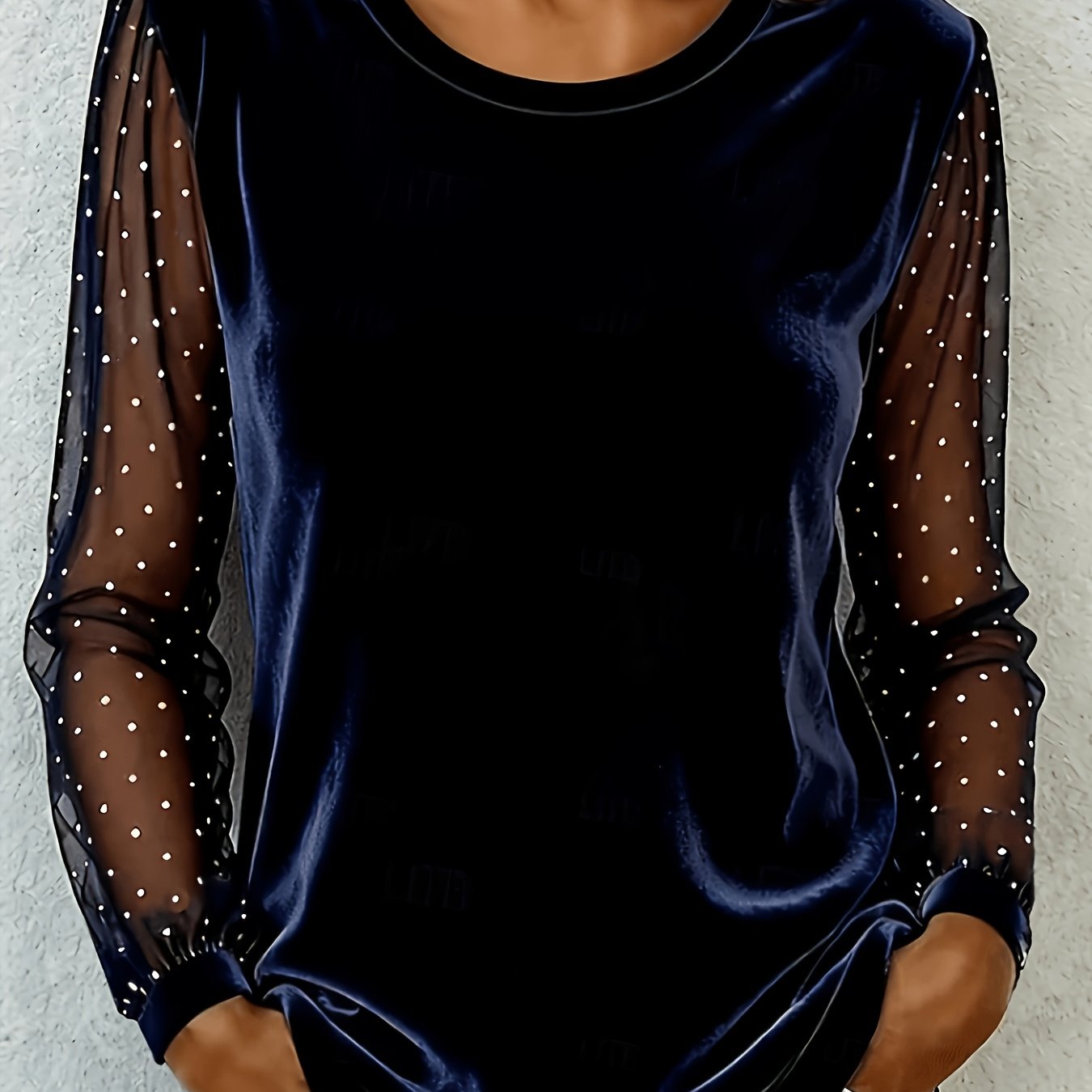 TEMU Plus Size, Elegant Women's Long-sleeve Velvet T-shirt, Round Neck, With Sparkling Rhinestones, Winter, , Evening Top, Pleated T-shirt For Formal
