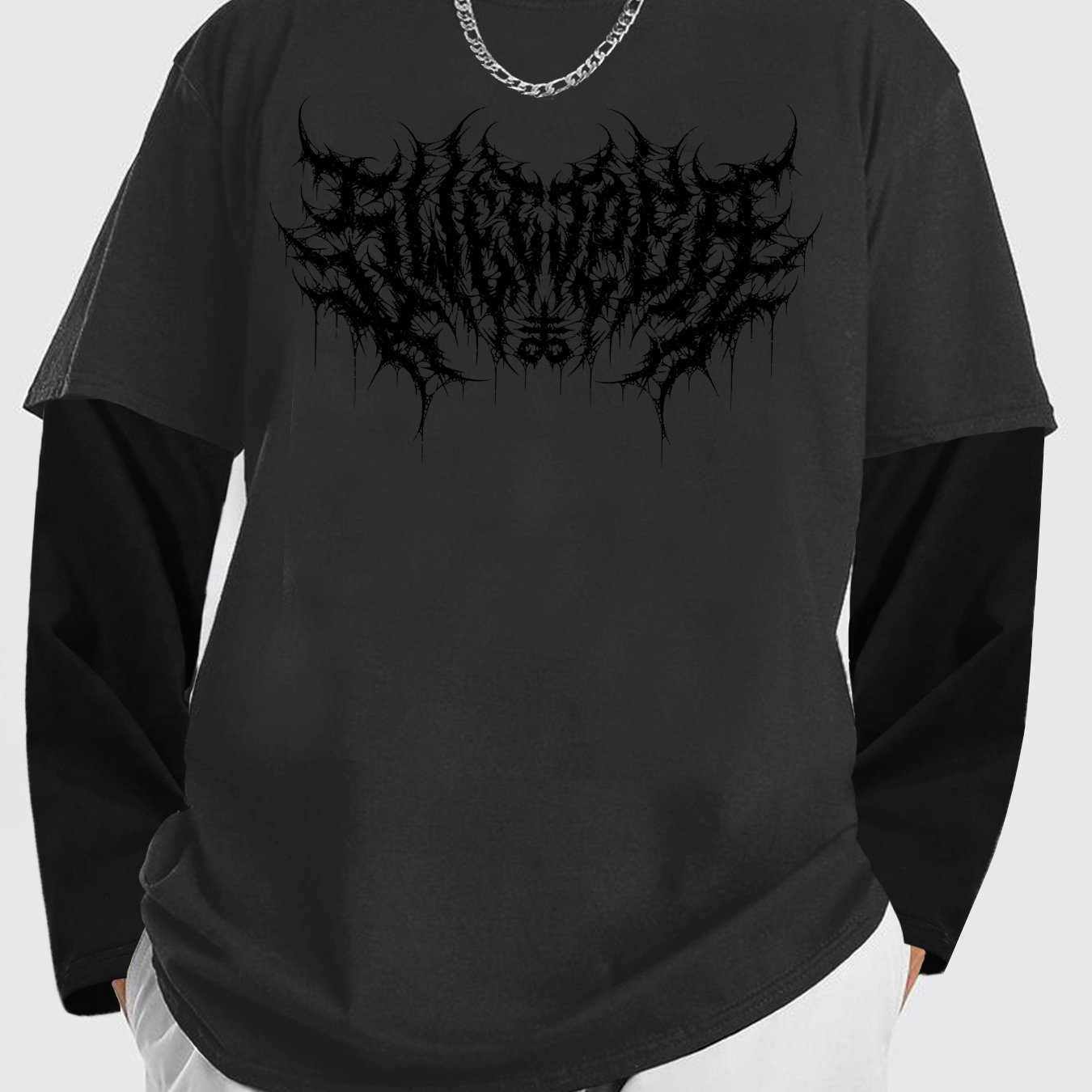 TEMU Dark Style Men's Fake 2pcs Long Sleeve T-shirt