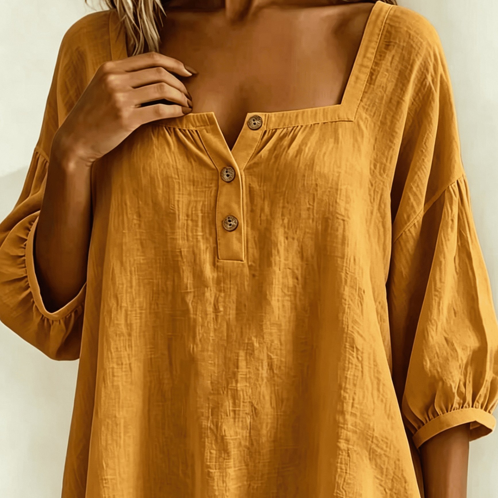 TEMU Women's Casual Blouse - Square Neck, 3/4 Balloon Sleeve, Loose Fit Henley Tunic Tops For Work, Vacation & Daily Wear