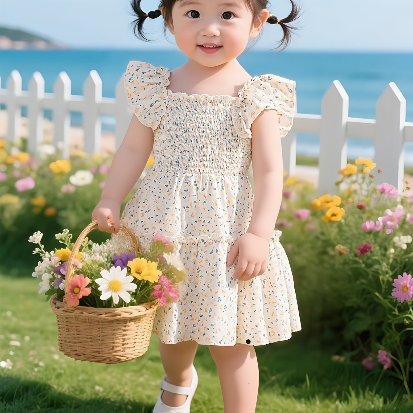 Image of Girl's Summer Floral Print Flutter Sleeve Dress, Sweet Pastoral Style Princess Dress, Stylish Outing Dress For Babies, Skin-friendly And Breathable Dress For Little Girls