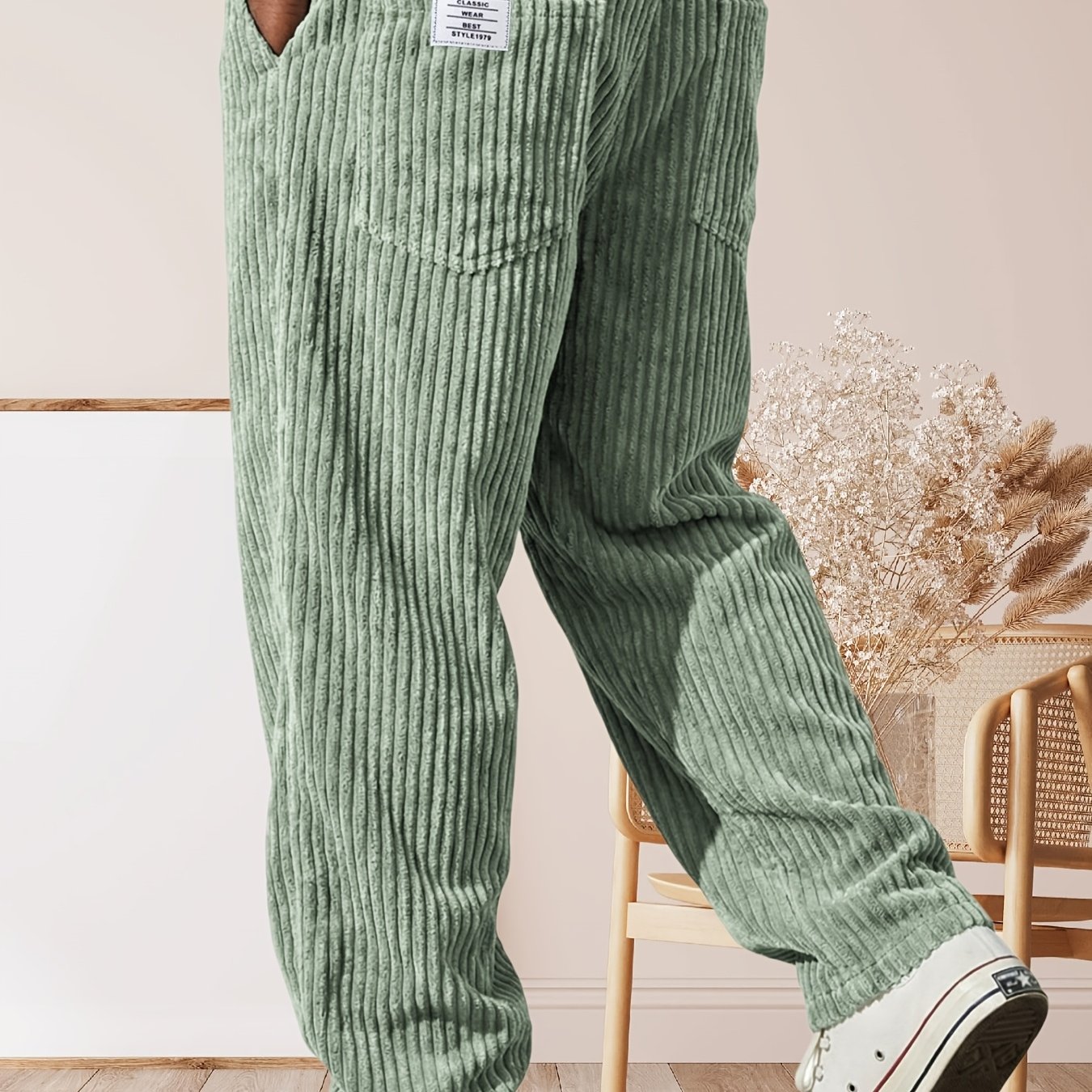 Image of Spring Summer Men's Corduroy Casual Pants Solid Color Long Wide Leg Trousers With Drawstring Pockets, Breathable And Comfortable, Retro Loose Pants Suitable For Daily, Streetwear & Daily Activities