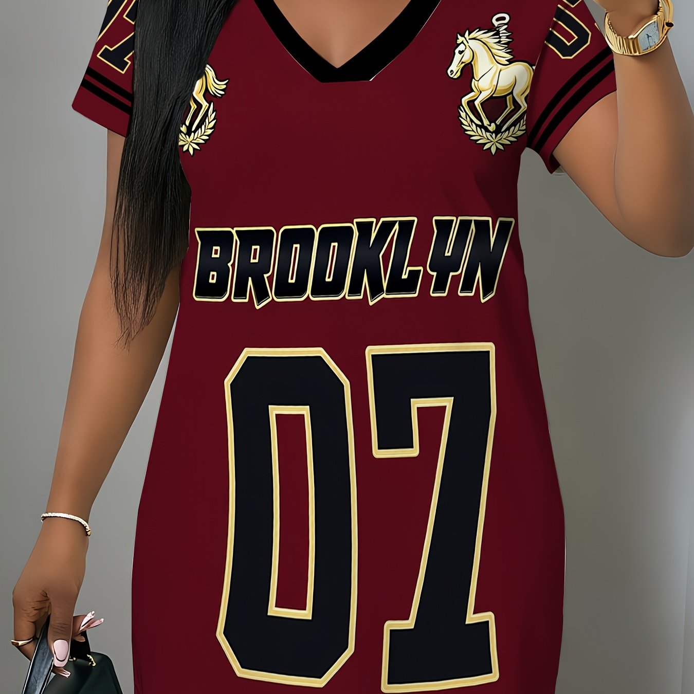 TEMU Style Brooklyn No. 07 Pattern, /summer Casual Streetwear V-neck Short Sleeve, Comfortable Mesh Breathable Regular 's Long S Top, Summer Fashion