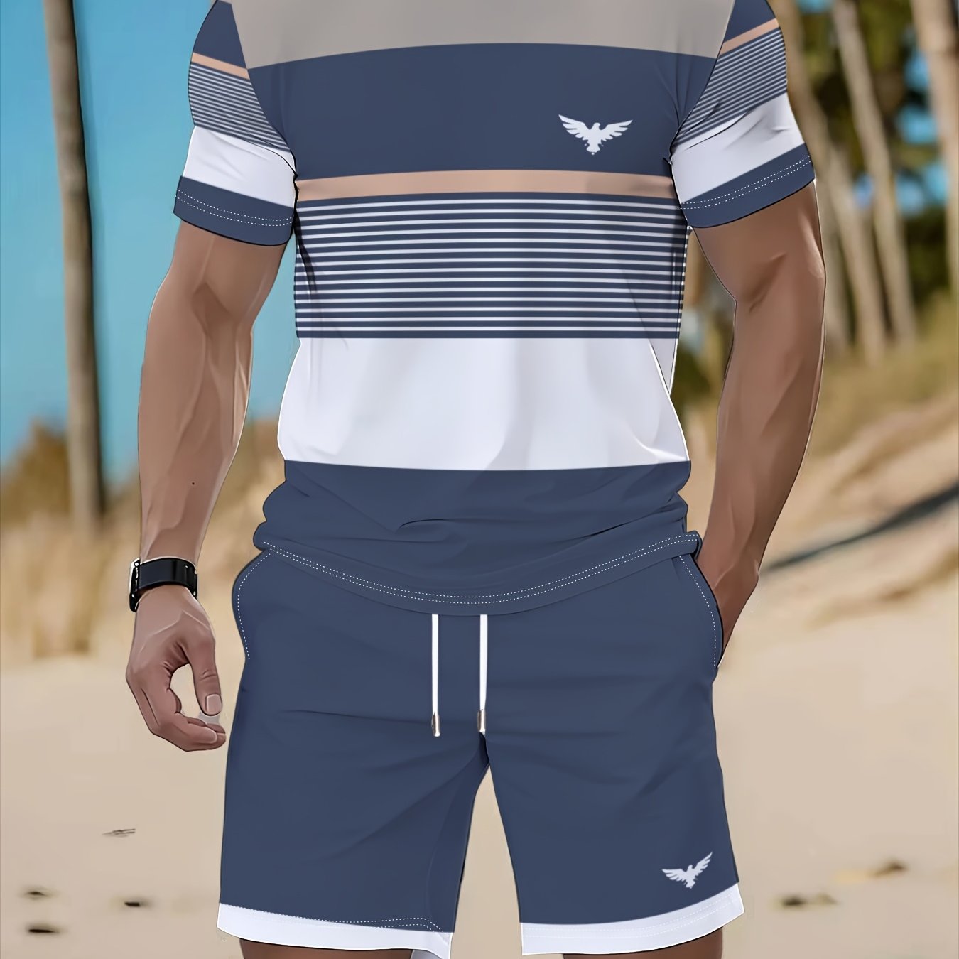 TEMU Men's 2pcs Set, Round-neck Short-sleeve T-shirt And Shorts Set, Breathable And Sporty , An Ideal Holiday Gift For Men.