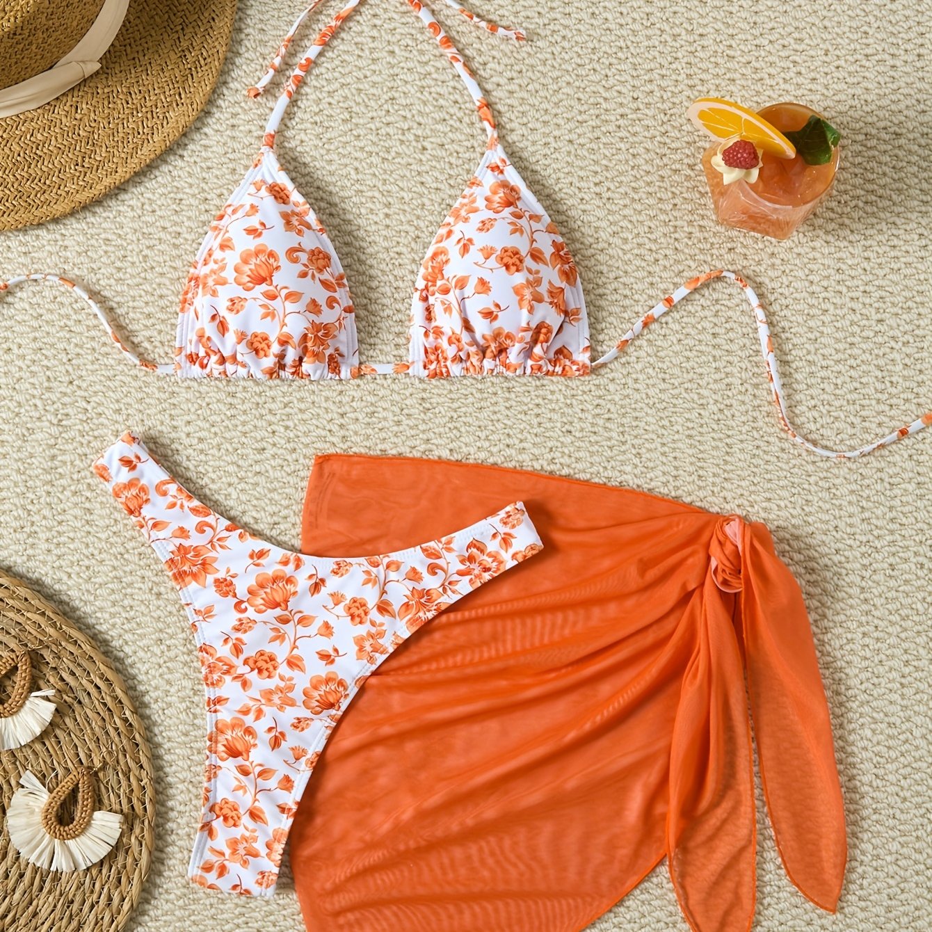 E-shop Bikini mit Blumenmuster, sexy Schnürbund-Badeanzug, Mesh-Dreiteiler