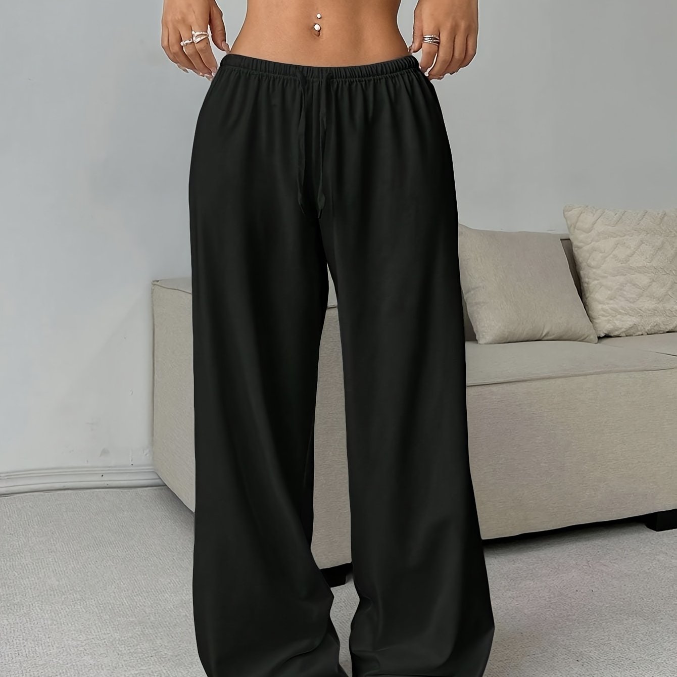 TEMU Soft Wide-leg Joggers - Loose-fit Elastic Waist Pants With Drawstring, Solid Color Trousers For, Commuting & Casual Wear, Machine Washable (no