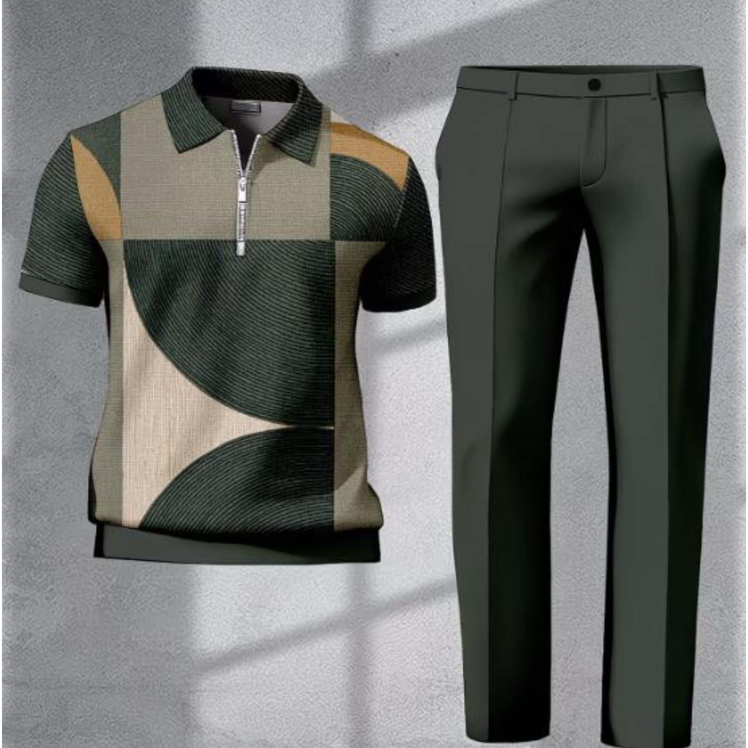 Image of Men's Shirt Trousers Set Geometric Splicing Color Block Pattern Style Fashion Outfit For Adults Men Summer Daily Wear