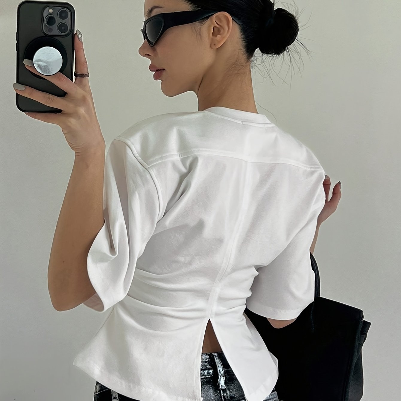 Women's Summer Solid Round Neck Waist Drawstring Casual T-shirt