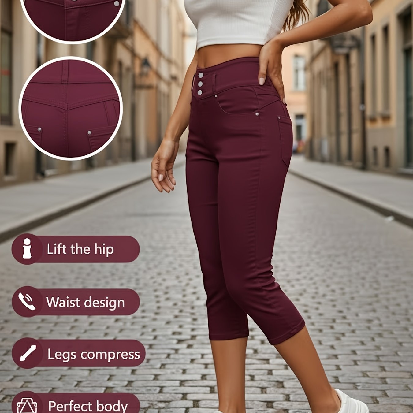 Image of Women's High-waist Cropped Jeans - Three-button Slim Fit Stretch Denim - Casual Fashion Pants