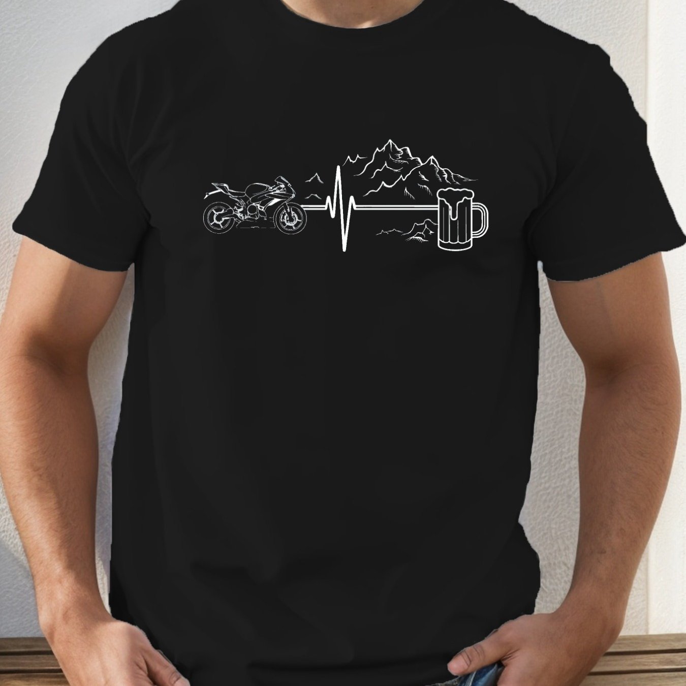 TEMU Men's Graphic T-shirt With Motorcycle, Mountain Scenery, Beer, And Ekg Design - Breathable Short-sleeve Tee For And Casual Wear - Four-season ,