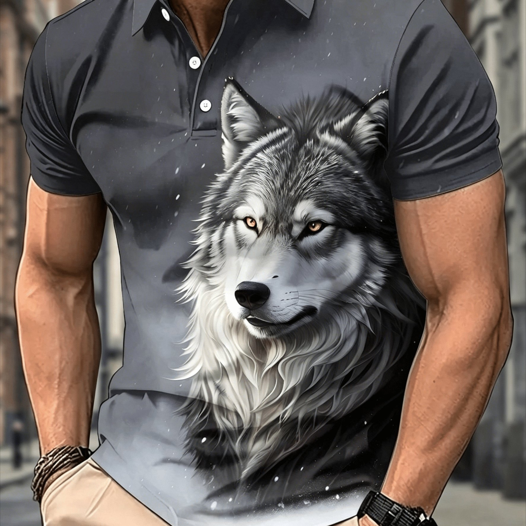 TEMU Men's Casual Printed Golf Shirt - Snow Wolf Design, Summer Sport Style, Slim Fit, Button-up, Casual Wear | Animal Print Shirt | Great Gift