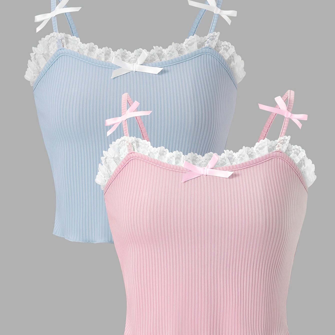 Image of Young Clothing: Summer Young Girls' Bow Decoration Cute Sweet Vest 2pcs Set, Summer Elastic Casual Fashion Vest 2pcs Set, Suitable For Girls