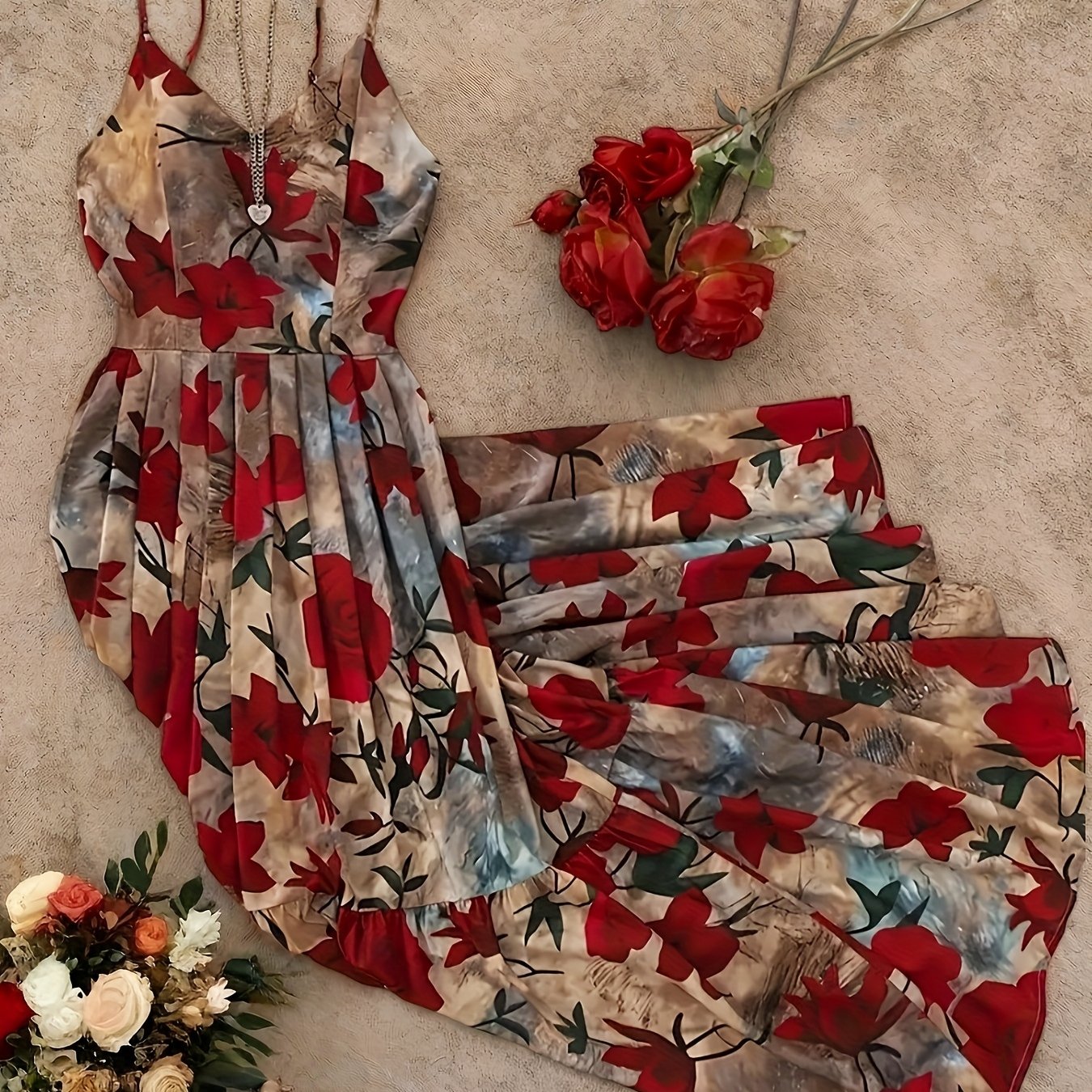 Women's Elegant Dress - Formal Party, Wedding, Gala - Sleeveless A-line Gown With Spaghetti Strap - Red Roses On Beige - Machine Washable Formal Attire, Wedding Guest Attire, Decorative Floral Print