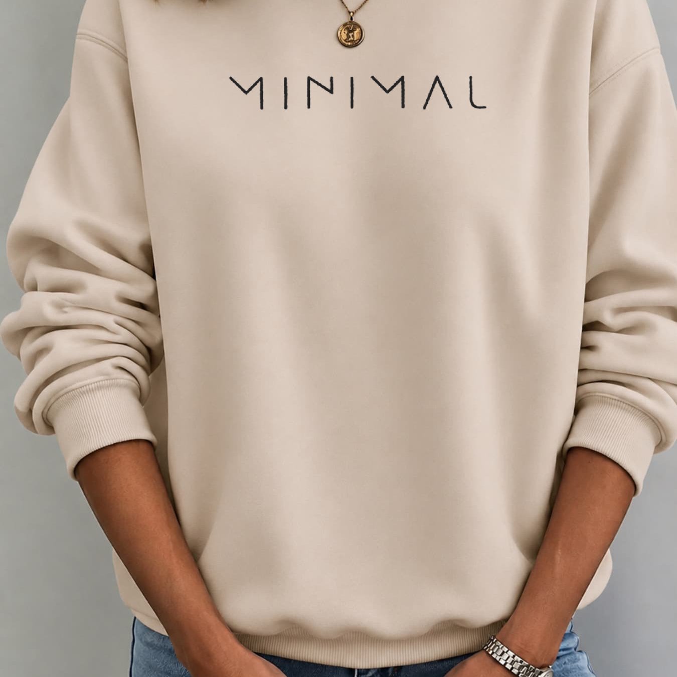 Image of Autumn Winter New Pullover Women's Loose Fit Casual Sweatshirt With "minimal" Chest Print, Breathable & Comfortable For Daily Wear Or S, Crew Neck Long Sleeve