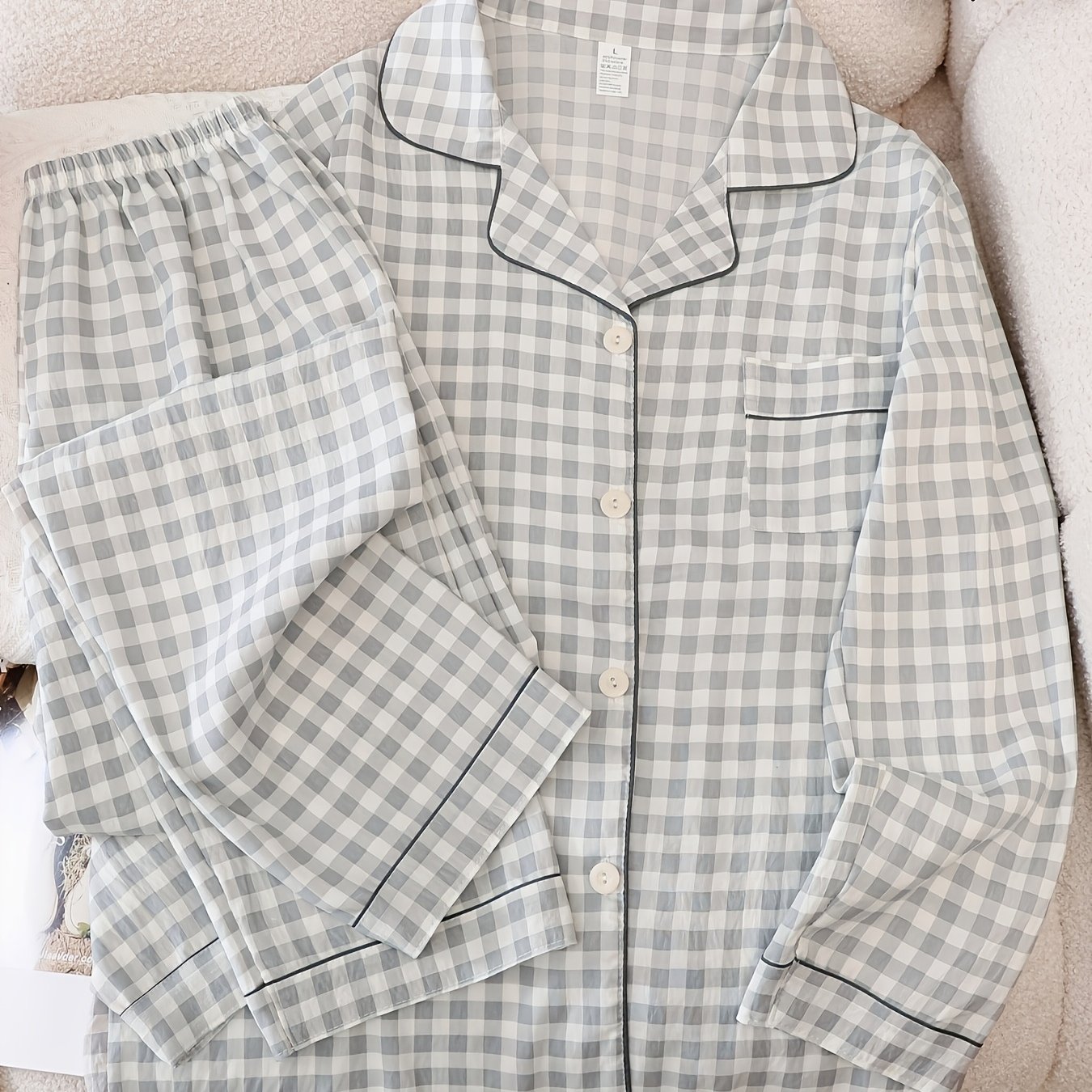 TEMU Women's Long Sleeve And Pants Pajama Set, Spring/autumn Casual Sweet Cute Checkered Elegant Outwear , Summer Air Conditioner Outfit
