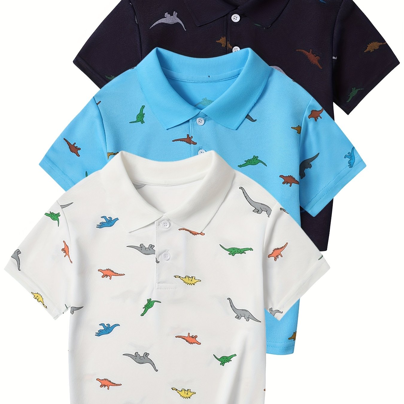 Image of Set Of ' Shirts For Spring And Summer, Featuring A Dinosaur Print. In Black, White, And Blue, Versatile Short-sleeve Tops Are Perfect For Back-to-, A Stylish And Classic Look For Young Boys