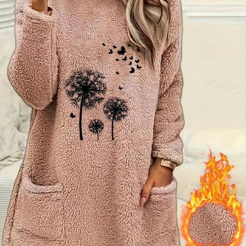 dandelion print pockets pullover sweatshirt casual long sleeve crew neck sweatshirt for fall winter womens clothing