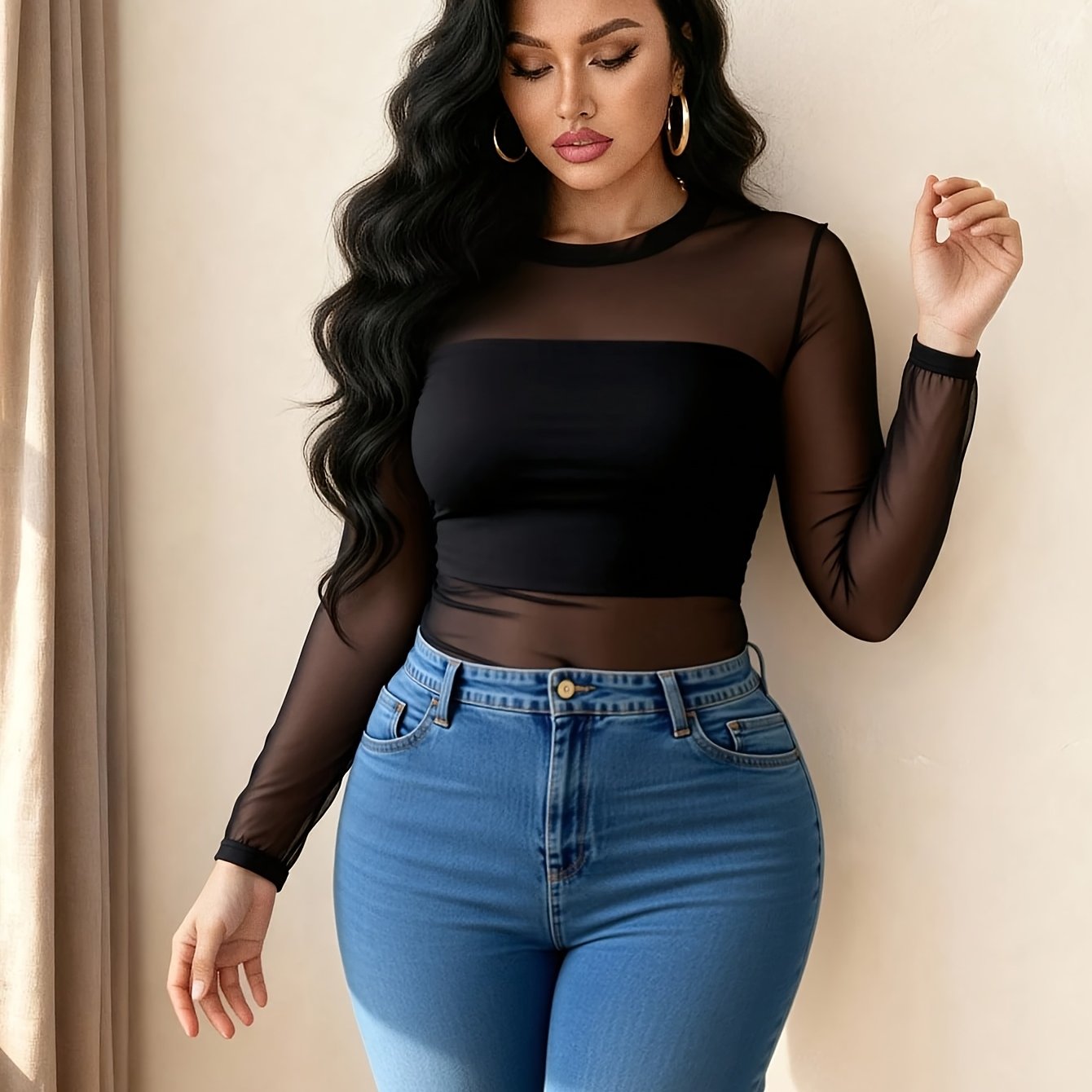 TEMU Plus Size - Plus Size - Plus Size Classic Versatile Black Sexy Round Neck Long Sleeve Mesh T-shirt (does Not Include Underwear)