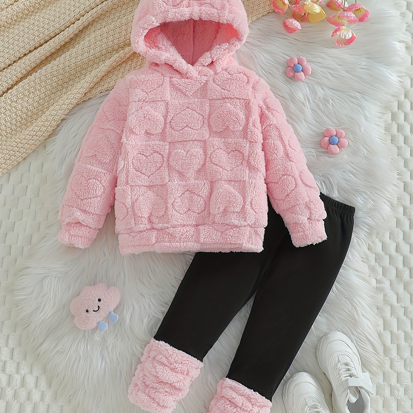 Winter New Casual Girls' Warm Hooded Plush Top And Pants Two-piece Set For Outdoor Scenes, Perfect For Outdoor