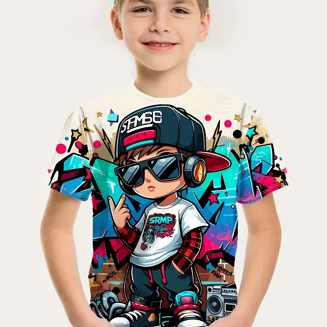 Image of Boys' Short Sleeve T-shirt With Cool Rap & Graffiti Print - Microphone, Headphones, Sneakers & Boombox Design - Casual Summer Outfit For Hip-hop Fans, Skateboarding & Casual Attire (machine Washable)