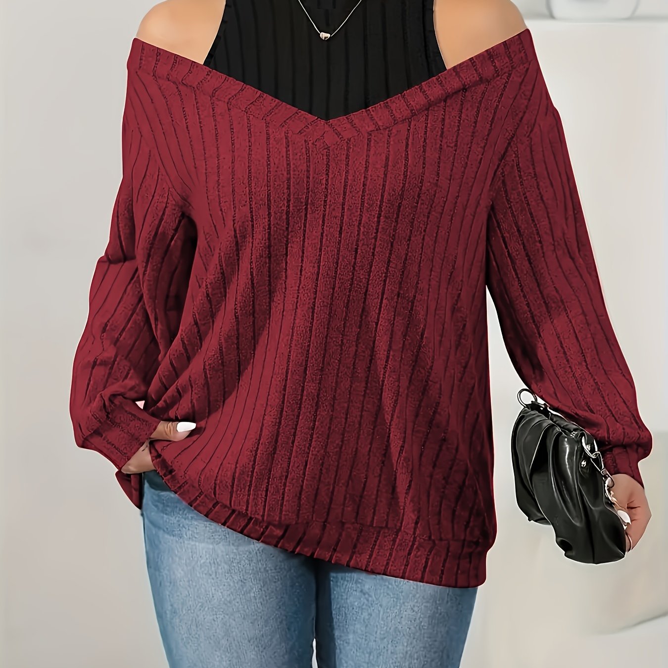 Plus Size - Plus Size - Women's Plus Size Off-shoulder Ribbed T-shirt Round Neck Casual Long Sleeve Color Block T-shirt Top