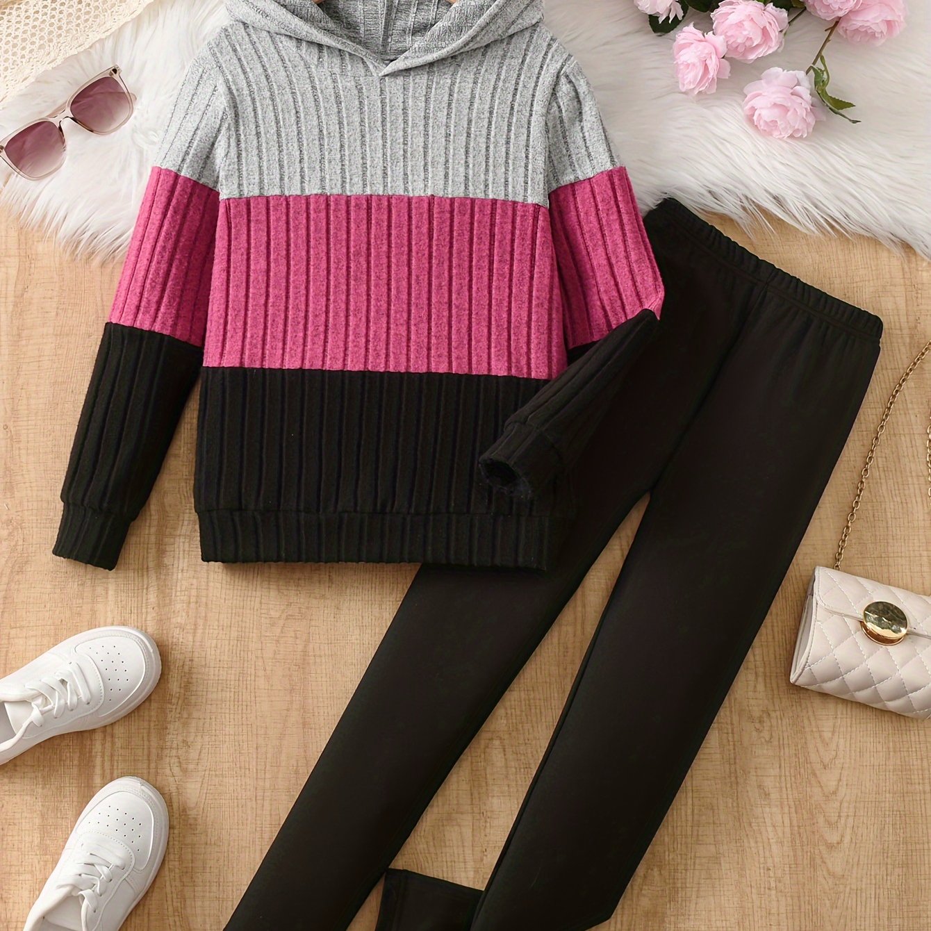 Image of Two-piece Color- Basic Set For Girls Featuring A Long-sleeve Hooded Top And Casual Leggings - A Stylish And Comfortable Knit Outfit For Spring And Autumn, For Outdoor