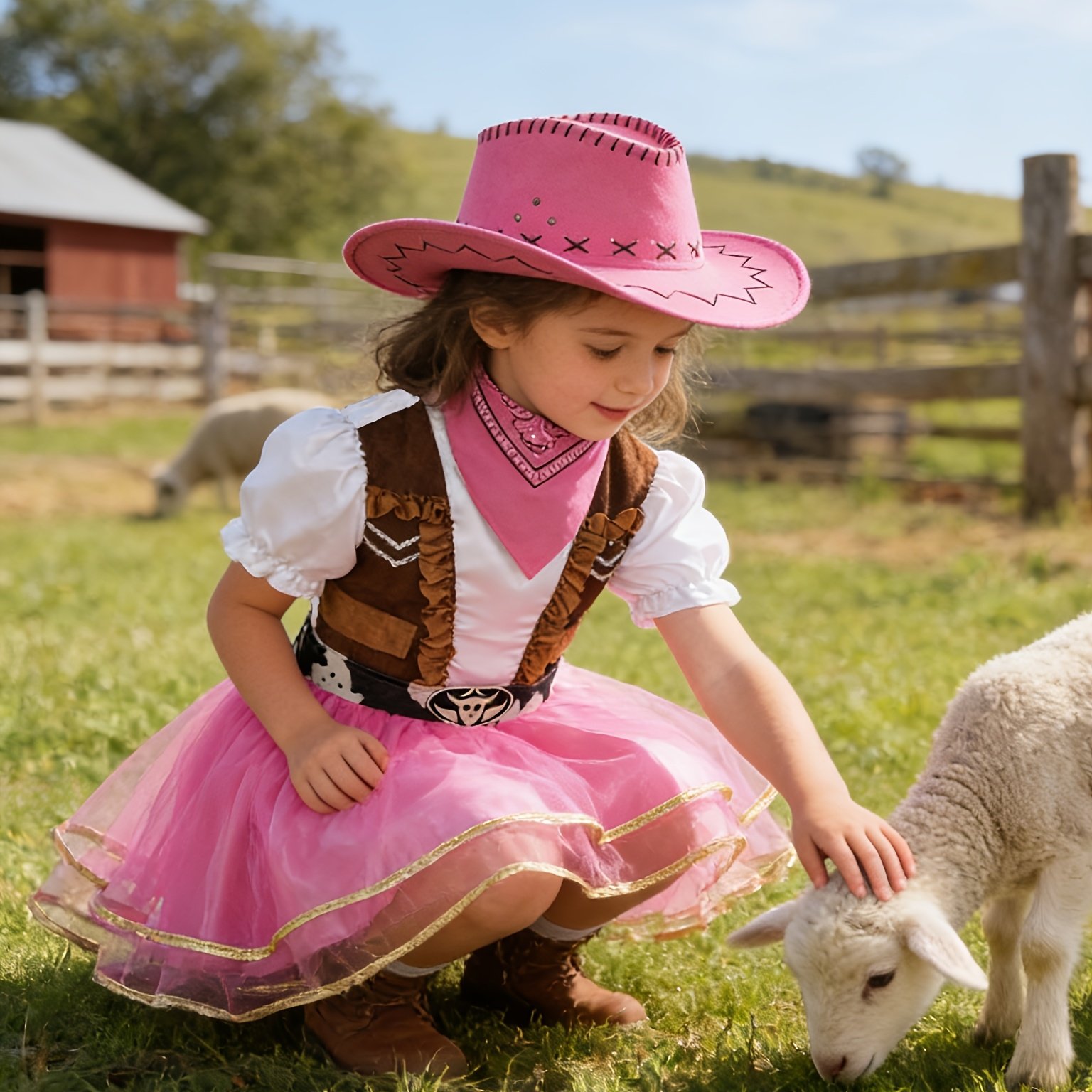 TEMU Costumes d'Halloween Western Cowgirl pour enfants - Robe en tulle rose, chapeau de cowboy et ensemble de bandana, costumes de carnaval cosplay