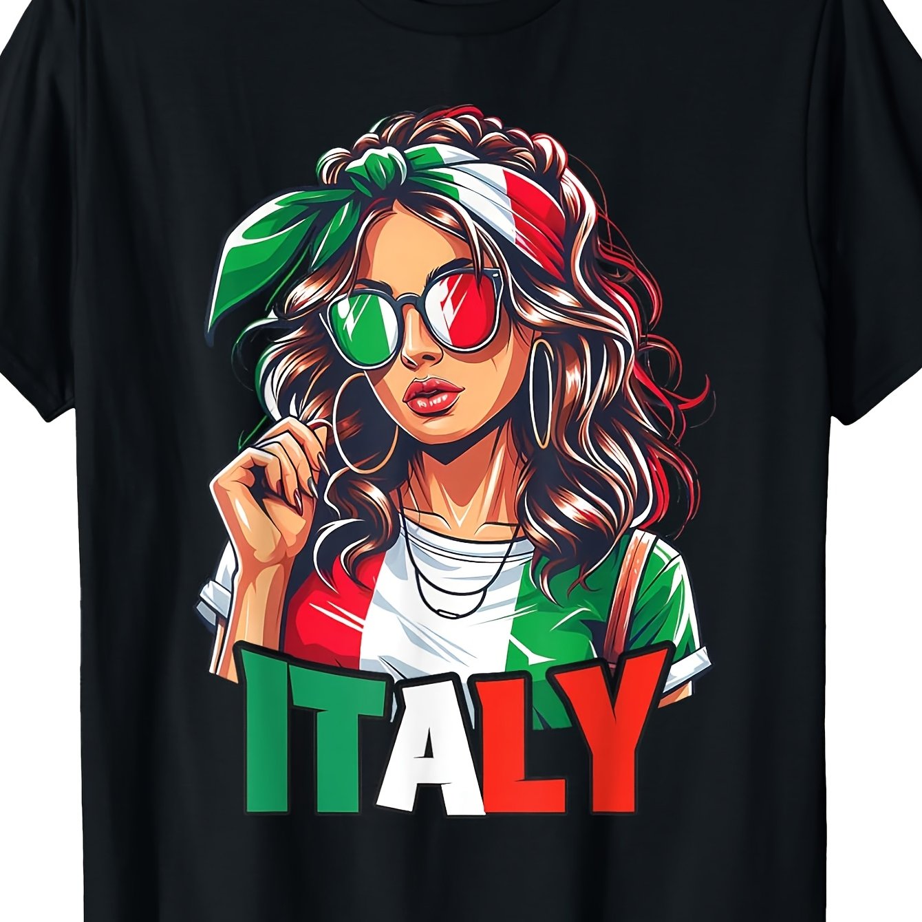 Image of Italy Flag Women's Sunglasses For Italian Pride Travel Casual Wear Men's Short Sleeve Black Round Neck T-shirt
