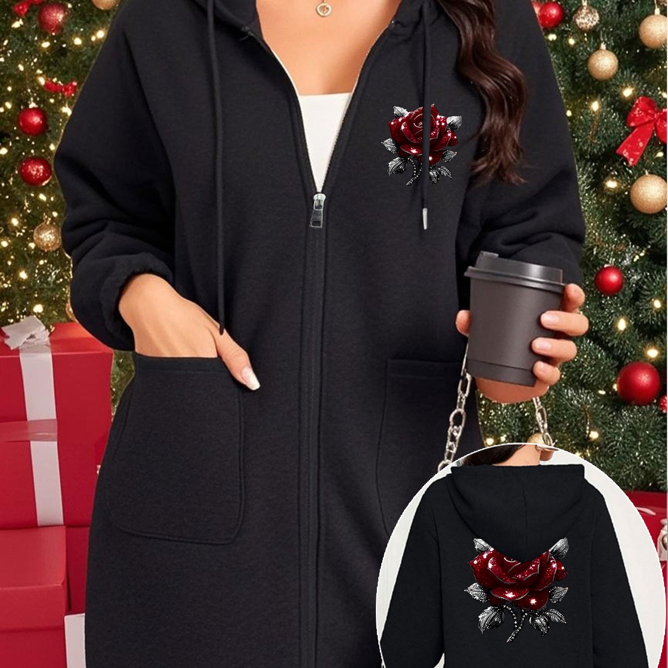 TEMU 1pc Of Fashionable Women's Winter Elegant Women's Mid-length Sweatshirt Coat Black Red Rose Pattern Printing Fleece Warm Casual Sports