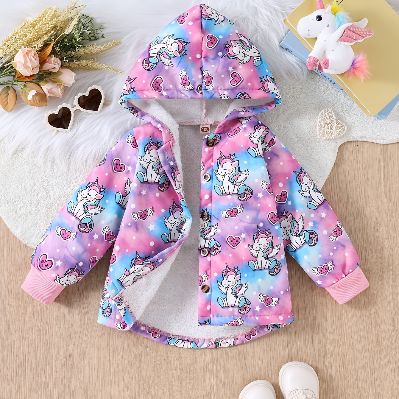 Image of Unicorn Fashion Casual Girls' Jacket Long Sleeve Hooded Fleece-lined Spring/autumn Random Print Coat