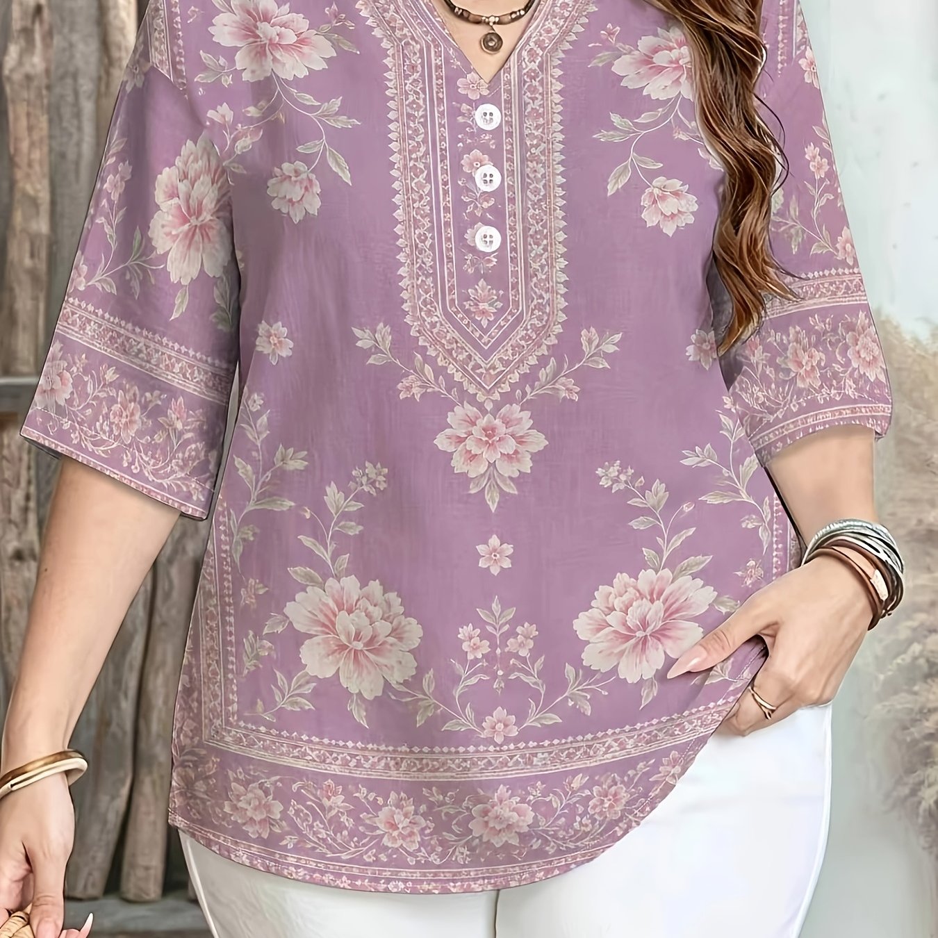 TEMU [printed Design - Not Texture] Women's 3/4 Sleeve Printed Top, Court Style Floral Print, Fashionable Casual, Daily Commute Wear, Casual Daily