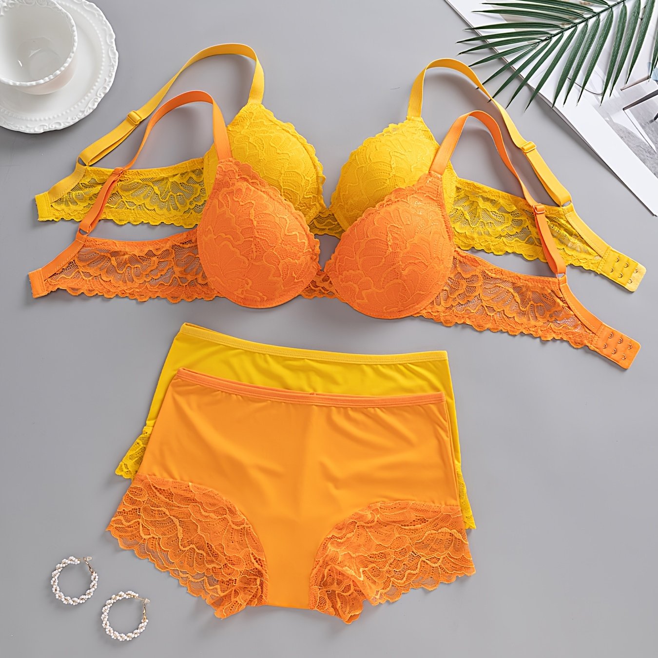 TEMU 4pcs Set (2 Sets) Of Solid Color Sexy Lace Paneled Women's Bra And Panty Set, Back-closure Design With Shaping, Lifting, And Push-up Wire Bra,