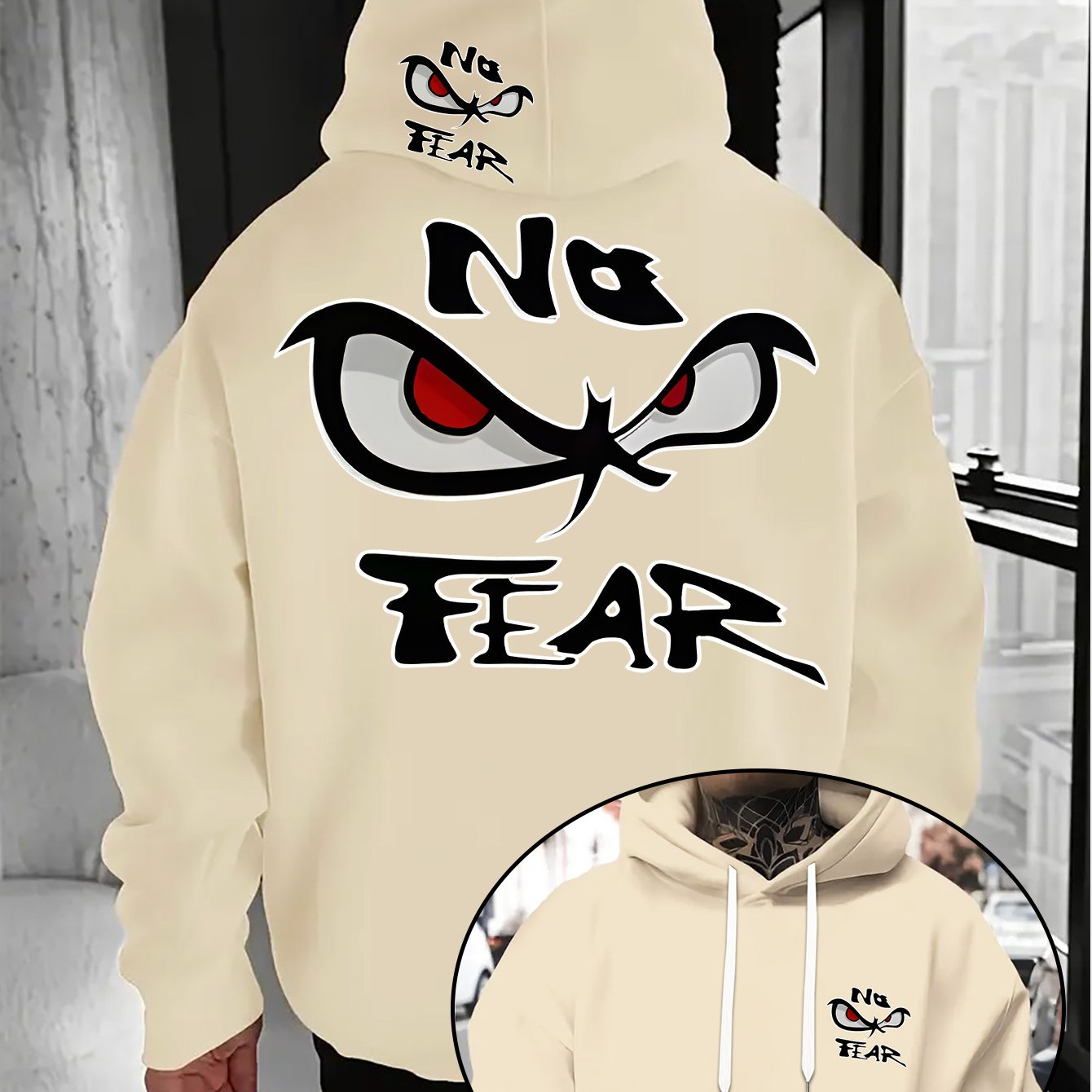 TEMU Men's "fear Logo Art Element Print" Hooded Sweatshirt, A Trendy Men's Exclusive Streetwear Piece With A Cool And Logo Design, Offering A Strong