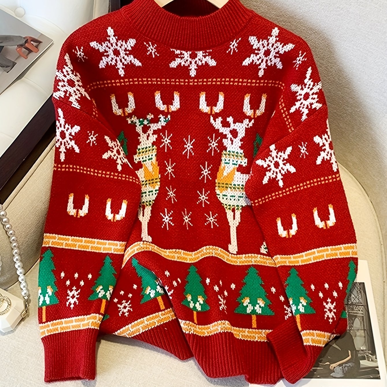 TEMU クリスマスを祝うクルーネックプルオーバースウェーター、アクリルニットファ、カラーブロックディテール、とレインデアパターン、すべてのに適しています。
