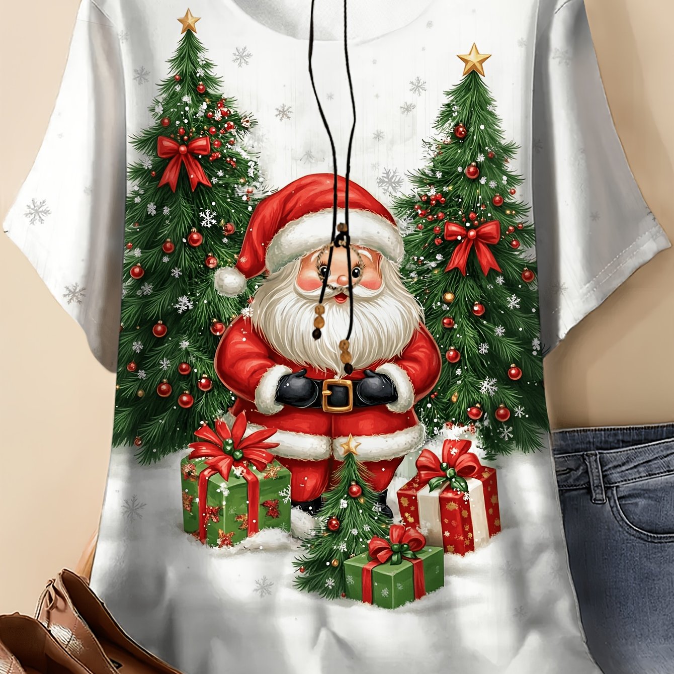TEMU Plus Size - Women's Christmas T-shirt] Neck Top With Christmas Pattern, Trendy Cool Santa Elements Holiday Party Breathable Casual Wear And
