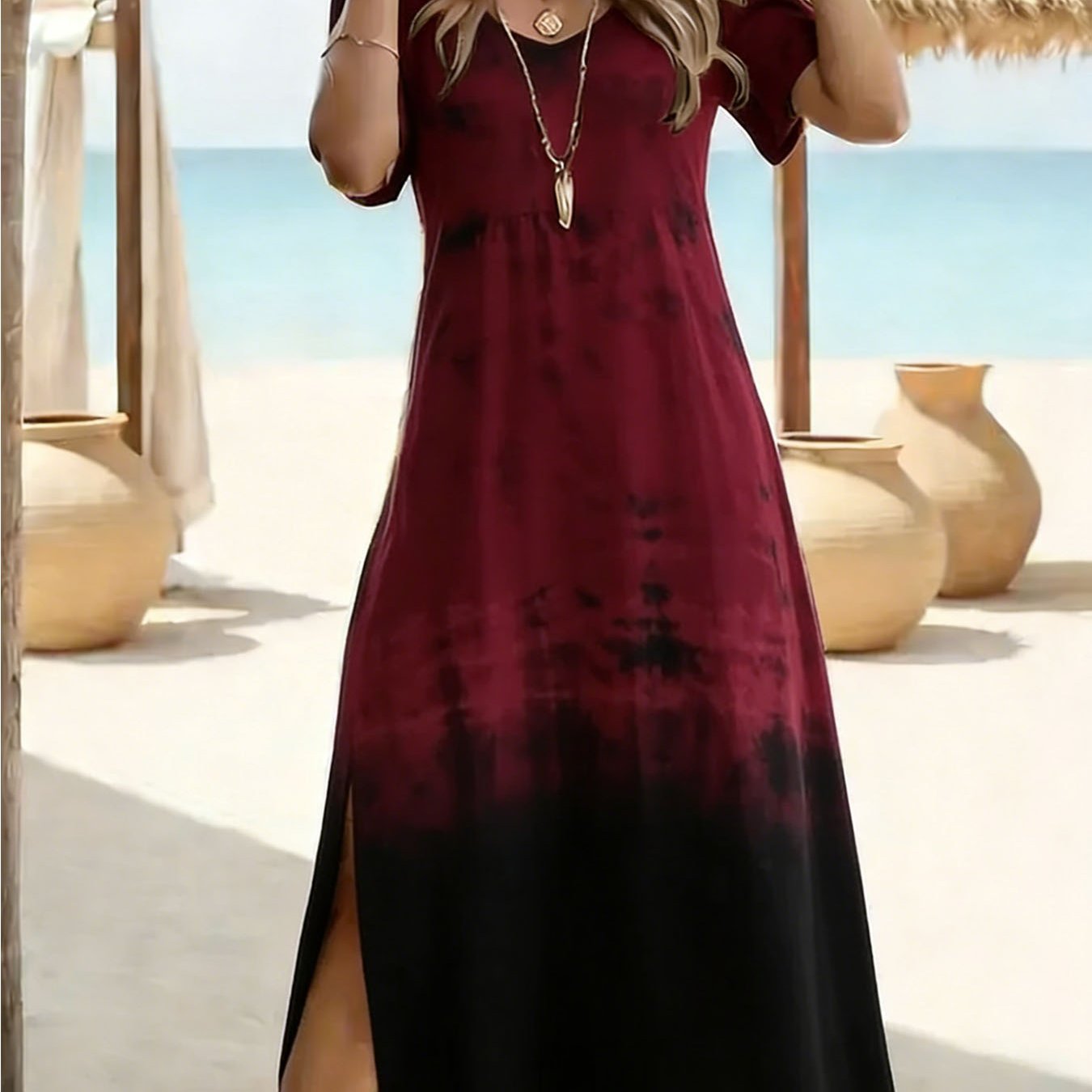 Women's Wine Red Gradient Midi Length A-line Dress, Suitable For Vacation, Casual Beachwear, And Outdoor