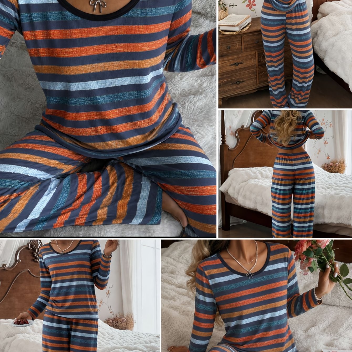TEMU Women's 2pcs Pajama Set, Casual Sleepwear Set For Spring, Summer, And Autumn, Loungewear Set, Striped Themed Pajamas, Loose Neck Long Sleeve Top
