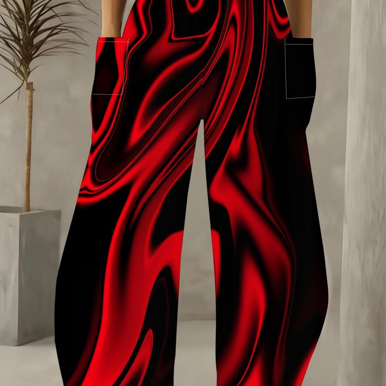 TEMU Cool And Stylish Red And Gradient Wide-leg Casual Pants, Liquid Twisted Ripple Print With Strong Visual Impact, Loose Wide Legs Hide Flesh And