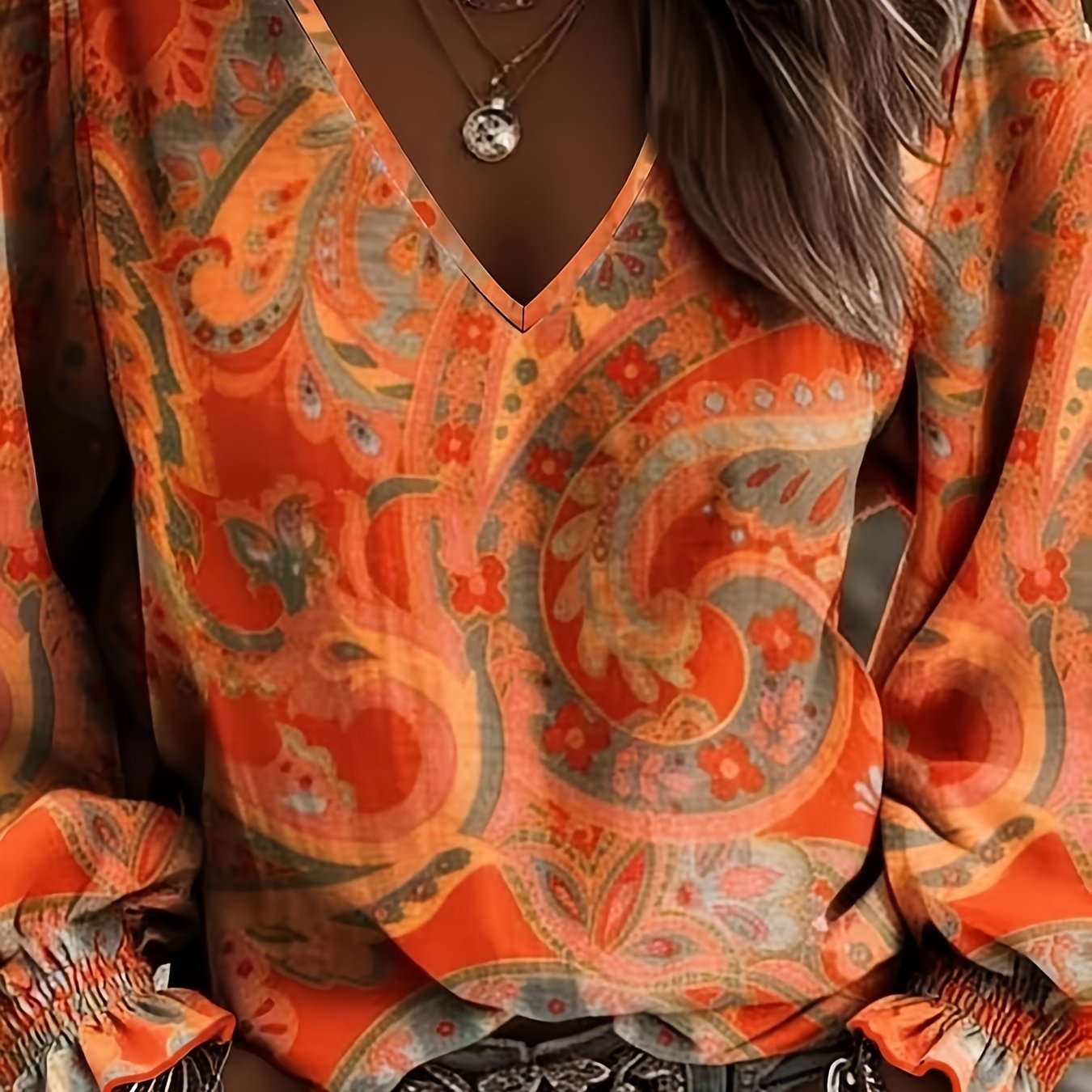 TEMU Haut vintage européen et américain pour femme, à manches longues, col en V, motif fantaisie lanterne orange, pour un polyvalent