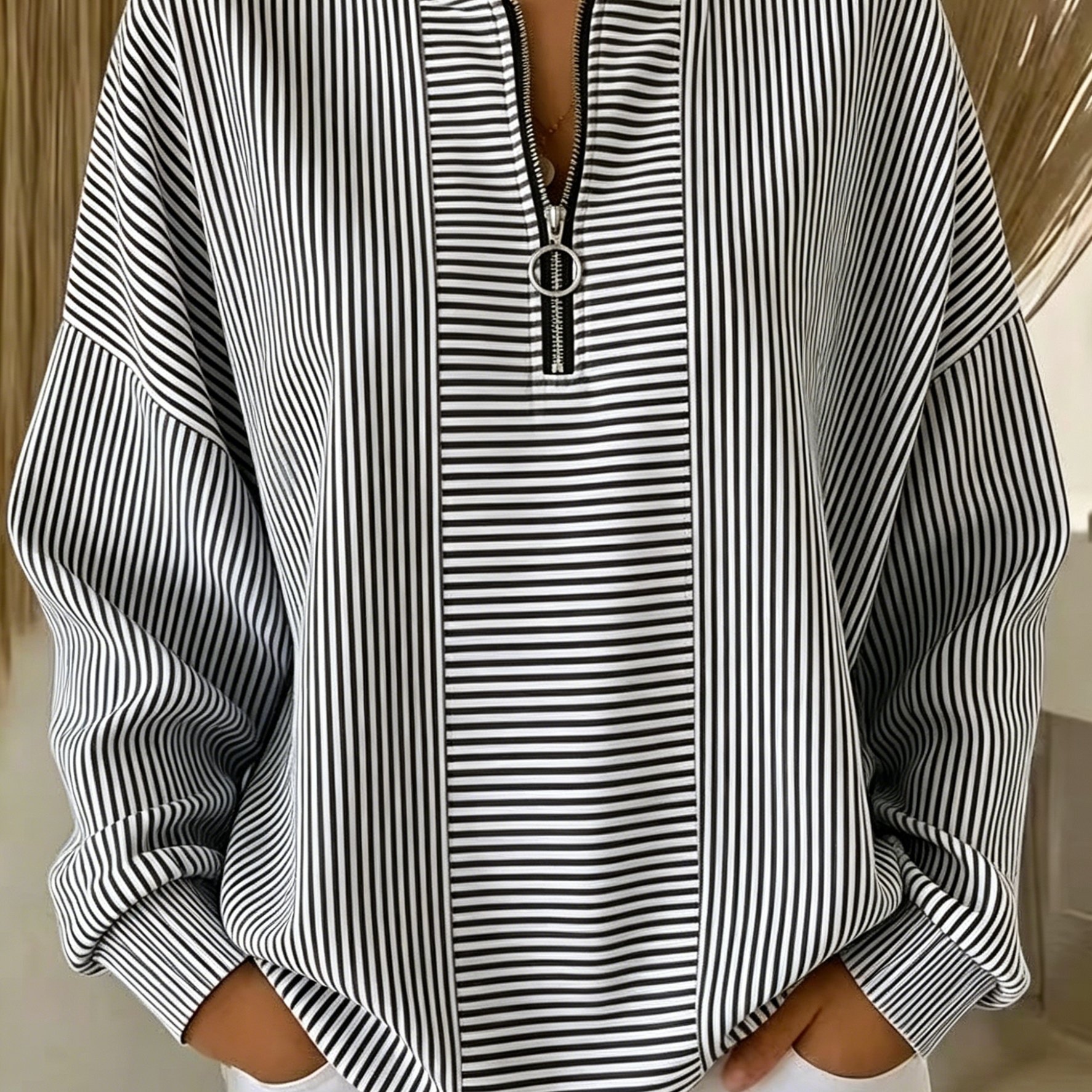 TEMU Plus Size, Plus Size Women Striped Long Sleeve Blouse Fall Winter Zip V Neck Loose Oversized Shirt Casual Daily Wear Tops