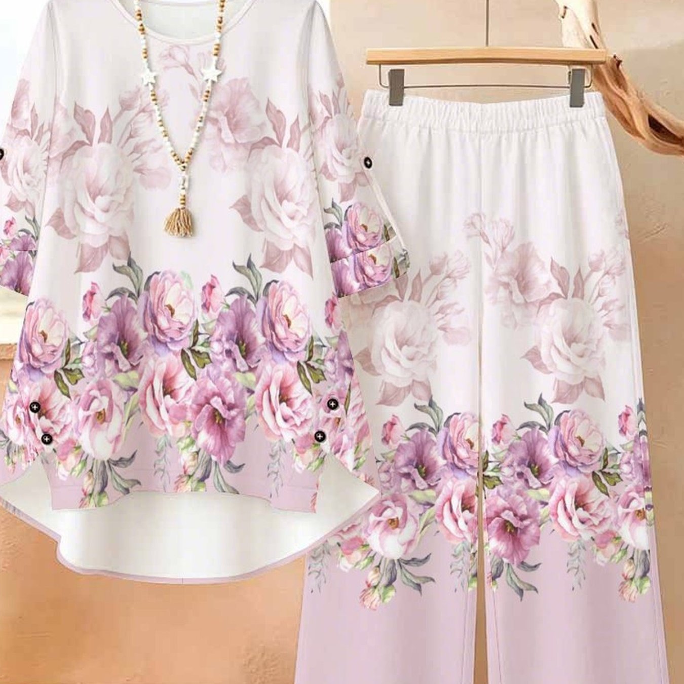 Plus Size - Elegant And Fashionable Women's Casual Set (women's Round-neck Long-sleeve And Long Pants Set), Women's Plus Size Set With Multi-element Prints, Ideal For Daily Life And Travel