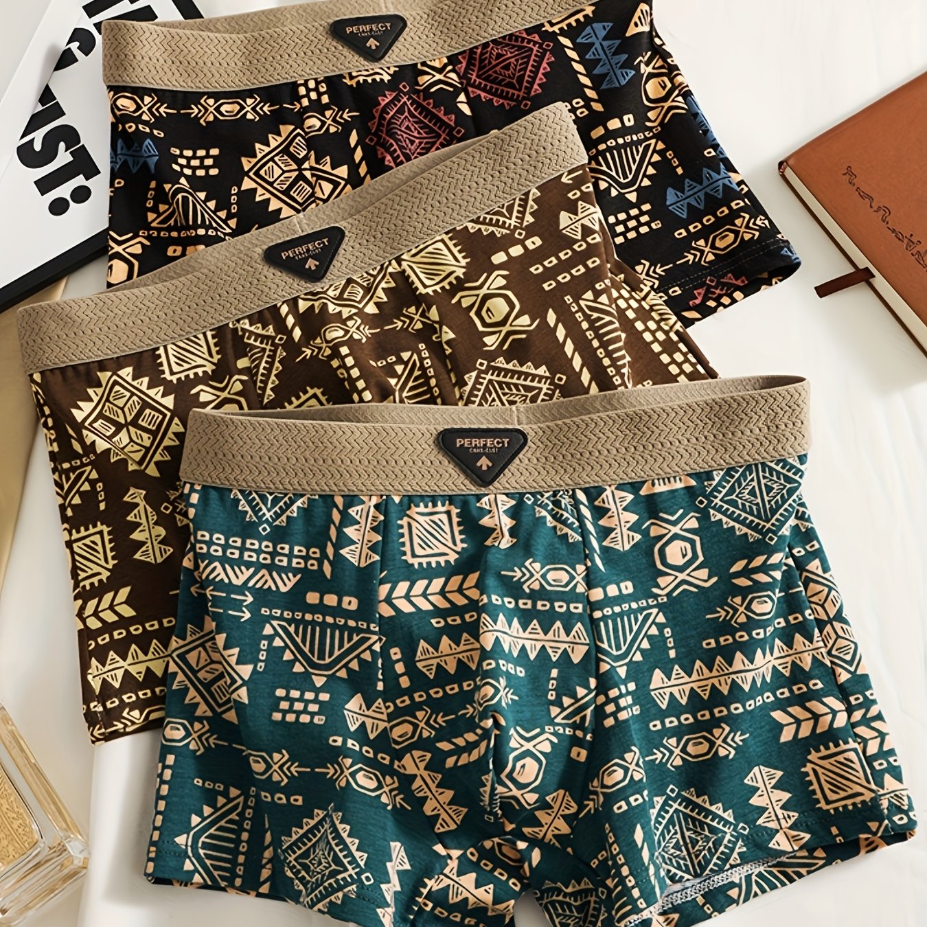 Image of 3pcs Men's Printed Mid-rise Elastic Boxer Briefs - Comfortable Breathable Printed Fabric, Mixed Color Set