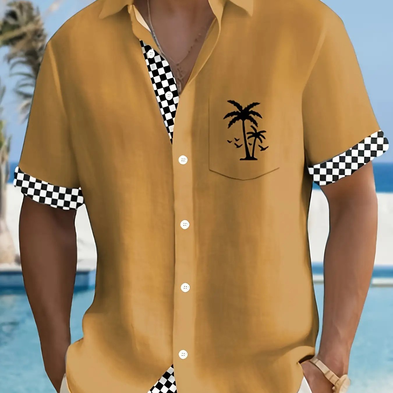 TEMU Chemise à manches courtes pour homme à carreaux avec motif et poche à bouton